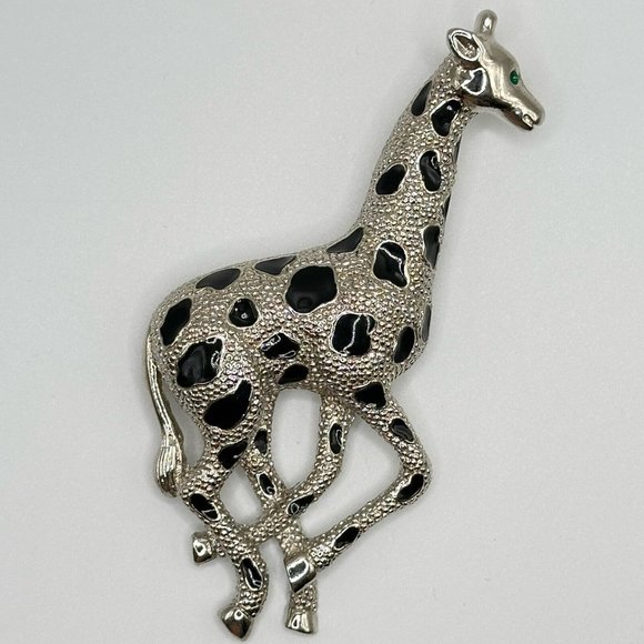Vintage Silver Tone‎ Metal And Enamel Running Giraffe Brooch Pin - Picture 1 of 2